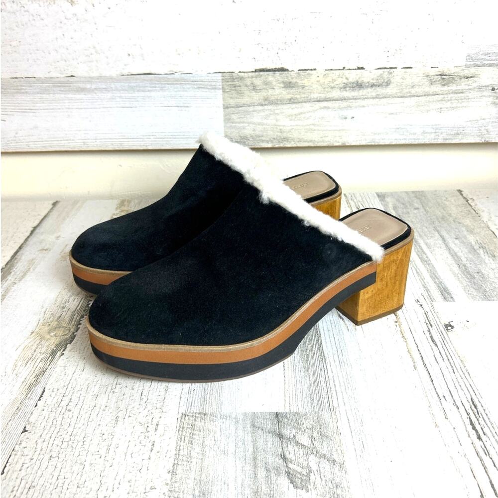 Bernardo Womens 8.5 Sky Black Suede Shearling Platform Heeled Clogs Luxe NEW